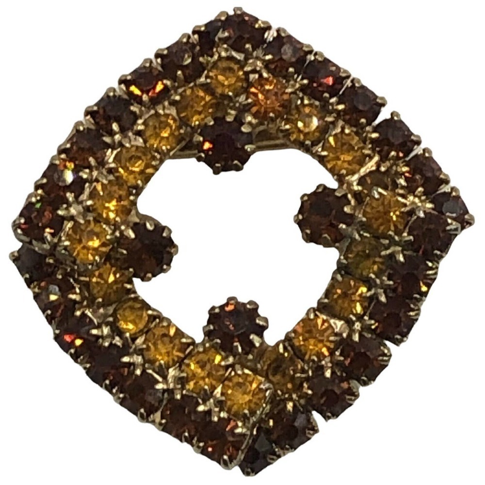 Double Diamond Prong Set Square Pin Brooch Citrine Topaz Rhinestones Autumn